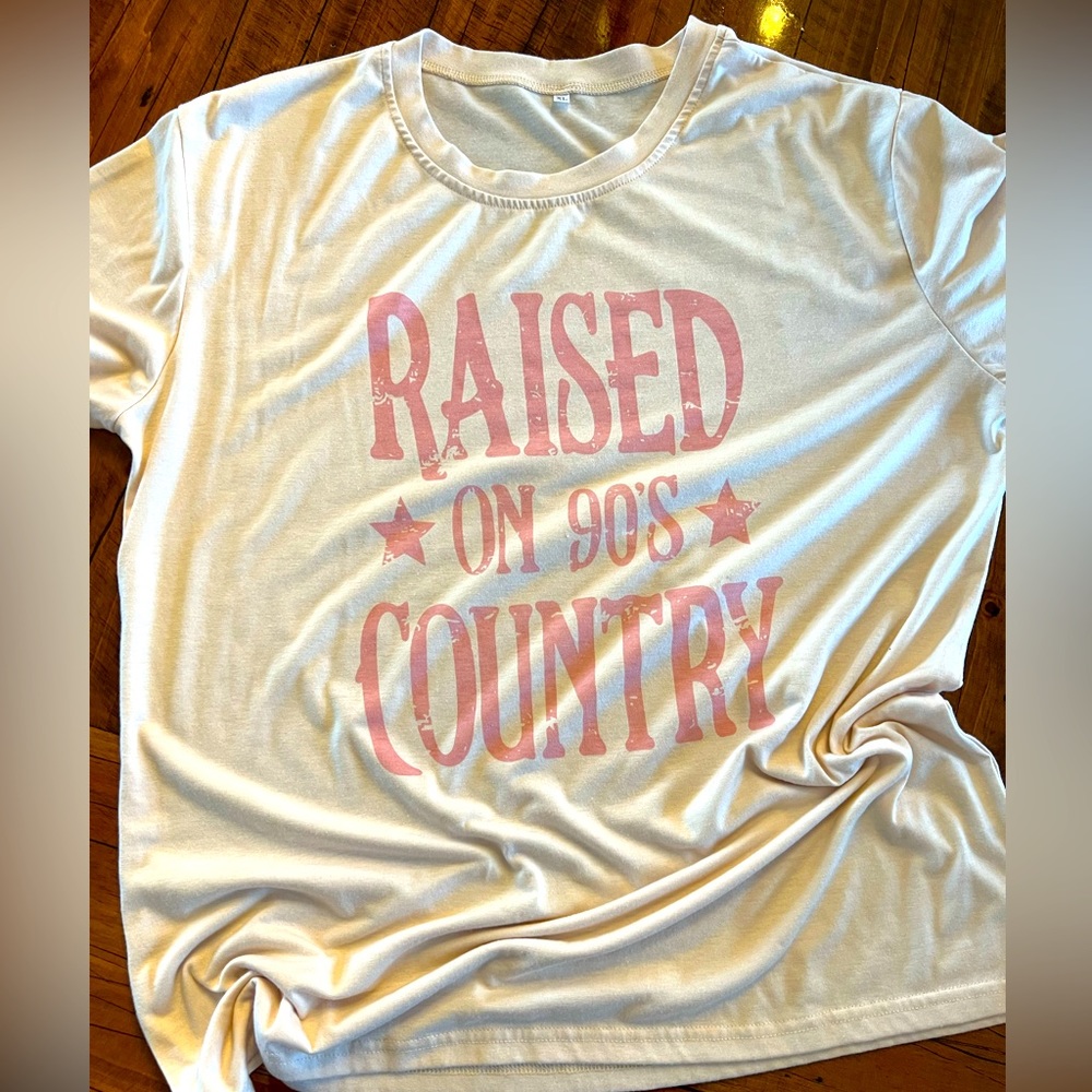 Womens Raised on 90’s Country Tee, size XL light pink with pink graphic